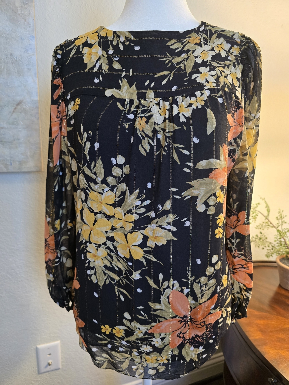 Joie Black Floral Long-Sleeve Silk Blouse Small